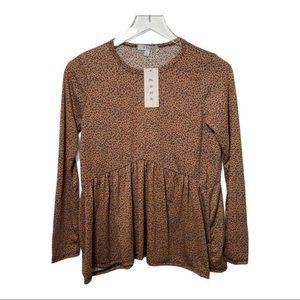 GAZE Extra Small Top Animal Print Cheetah Casual Peplum Long Sleeve NWT XS
